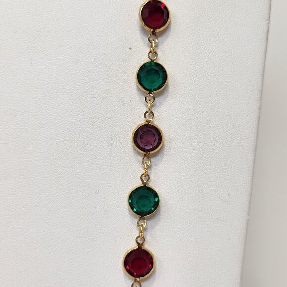Swarovski Multi Color Crystal Bezel Set Gold Tone Long Necklace Red Green Purple - Picture 2 of 5